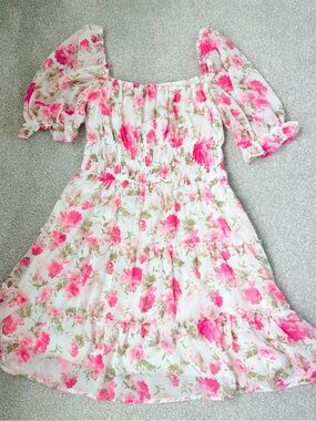 Trixxi White Mini Dress with Hot Pink Floral Print